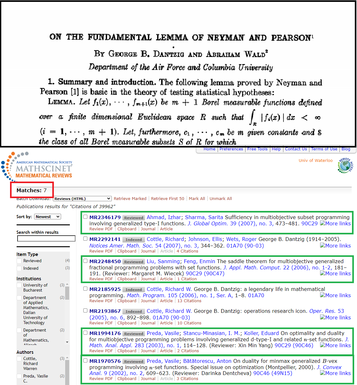 7 Citations on Dantzig's First Paper